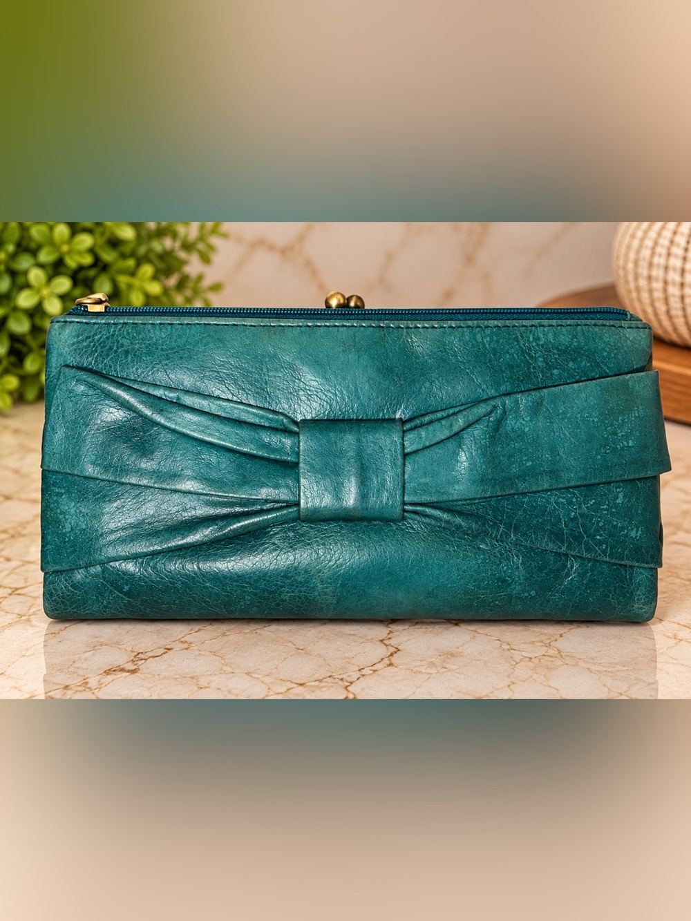 HOBO Teal Leather Bow Wallet Clutch Kiss-Lock Vintage Style